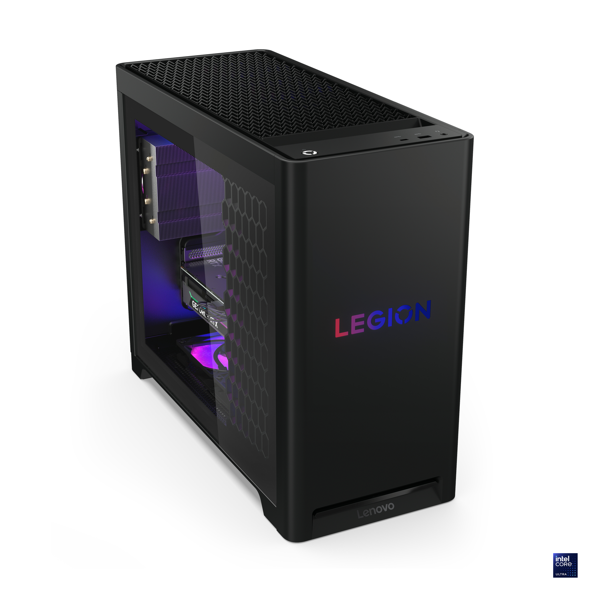 Schwarzer Lenovo Legion Desktop-Computer. Zu den Merkmalen gehören eine Glas-Seitenwand, leuchtende interne Komponenten und das Legion-Logo.