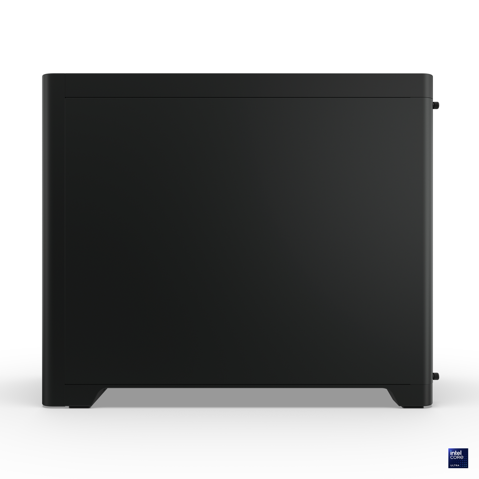 Ein schwarzes Computergehäuse steht auf einer weißen Oberfläche. Das Gehäuse hat eine rechteckige Form mit sauberem Design.
