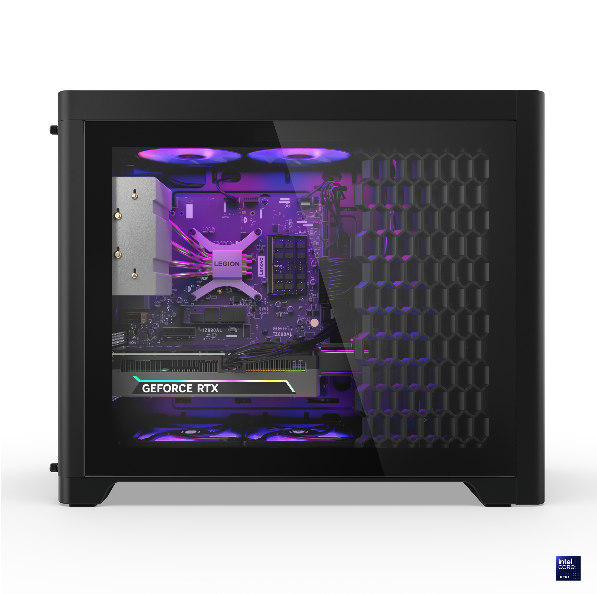 Ein schwarzes PC-Gehäuse mit Glas-Seitenwand. Im Inneren sind Grafikkarte, Motherboard und Kühlsystem mit lila Licht zu sehen.
