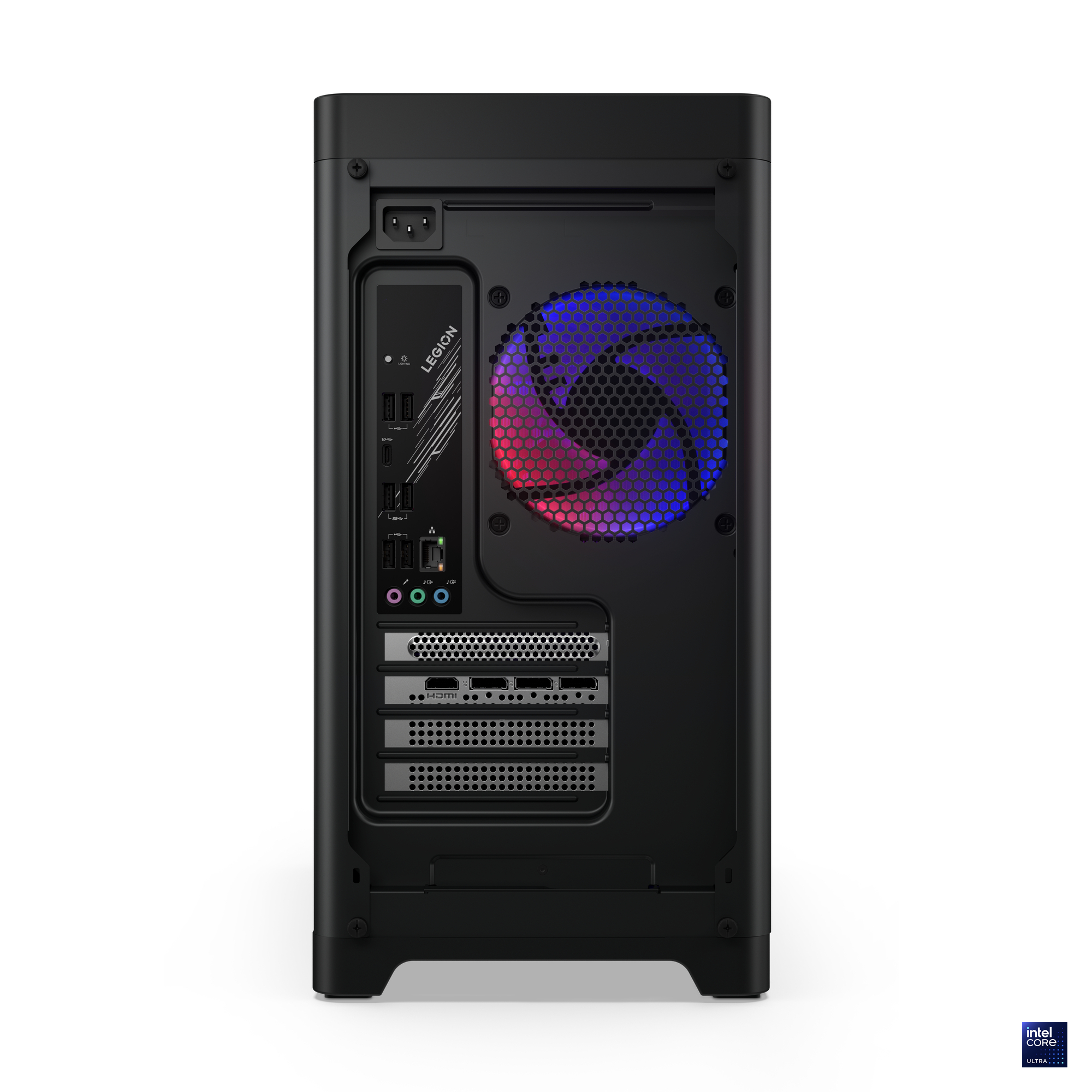 Schwarze PC-Gehäuserückseite mit Anschlüssen, Lüfter mit rot/blauen Lichtern und Legion-Branding.
