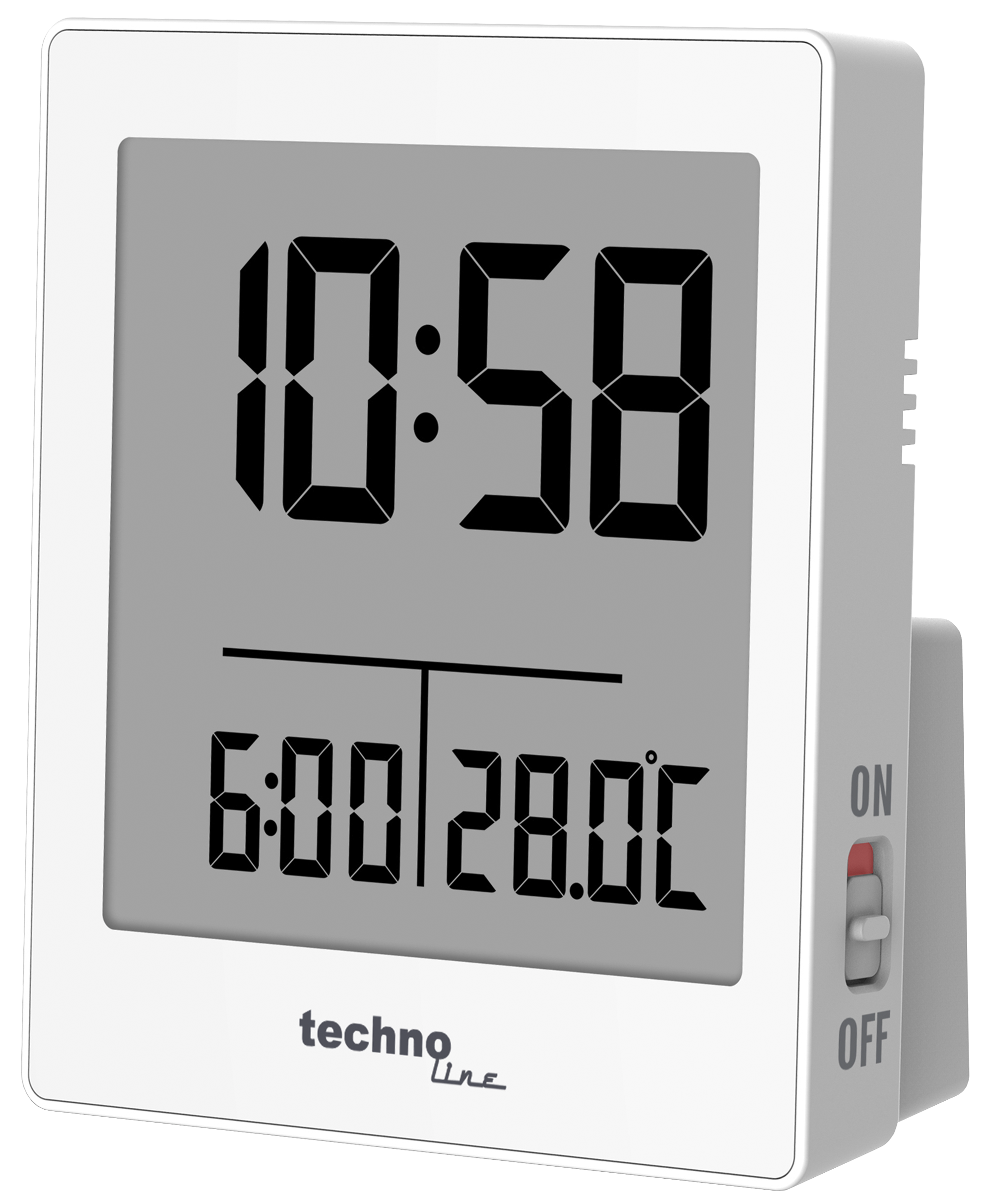 Eine weiße Digitaluhr zeigt 10:58 und 6:00 mit 28,0 °C an. Sie hat einen Ein/Aus-Schalter.