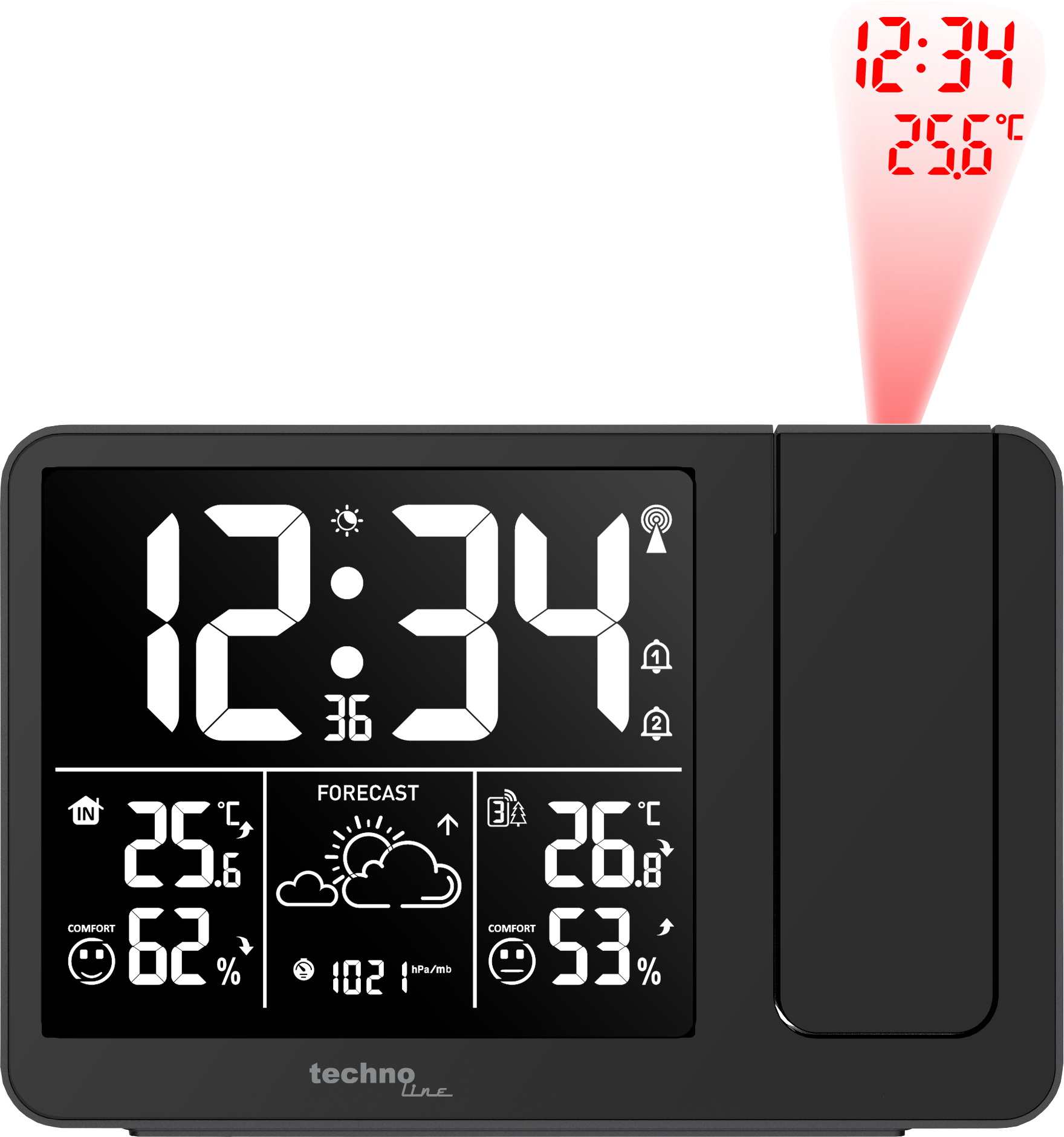 Eine schwarze Wetterstation zeigt Zeit, Temperatur, Luftfeuchtigkeit und Wettervorhersage an. Eine rote Projektion zeigt Zeit und Temperatur.