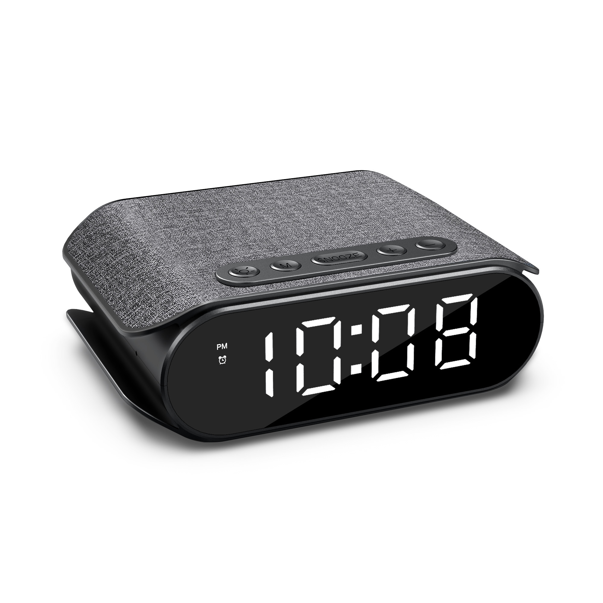Ein digitaler Wecker mit der Anzeige 22:08 Uhr. Er hat eine graue Stoffoberfläche und ein schwarzes Gehäuse, mit Schlummer- und Einstelltasten.
