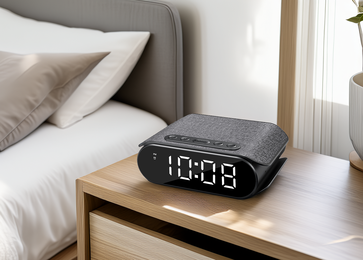 Ein Wecker mit der Anzeige 10:08 steht auf einem Nachttisch. Im Hintergrund sind ein Bett mit Kissen und ein Fenster zu sehen.
