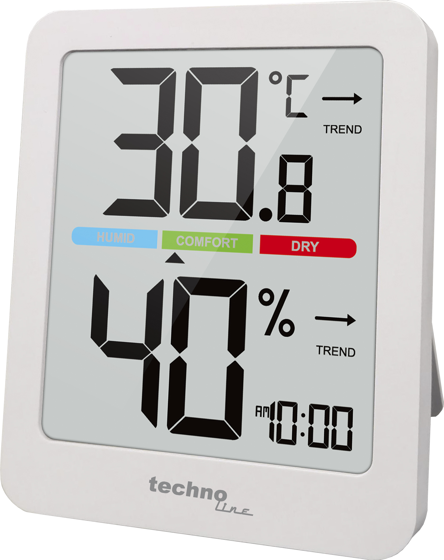 Digitalthermometer zeigt 30,8 Grad Celsius, 40 % Luftfeuchtigkeit und 10:00 Uhr an. Es ist ein weißes Techno Line Gerät.