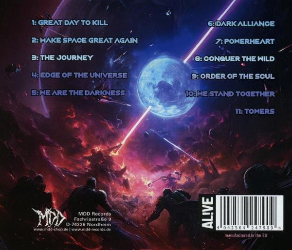 Sci-Fi-Schlachtszene mit Liste von Songtiteln und Barcode.