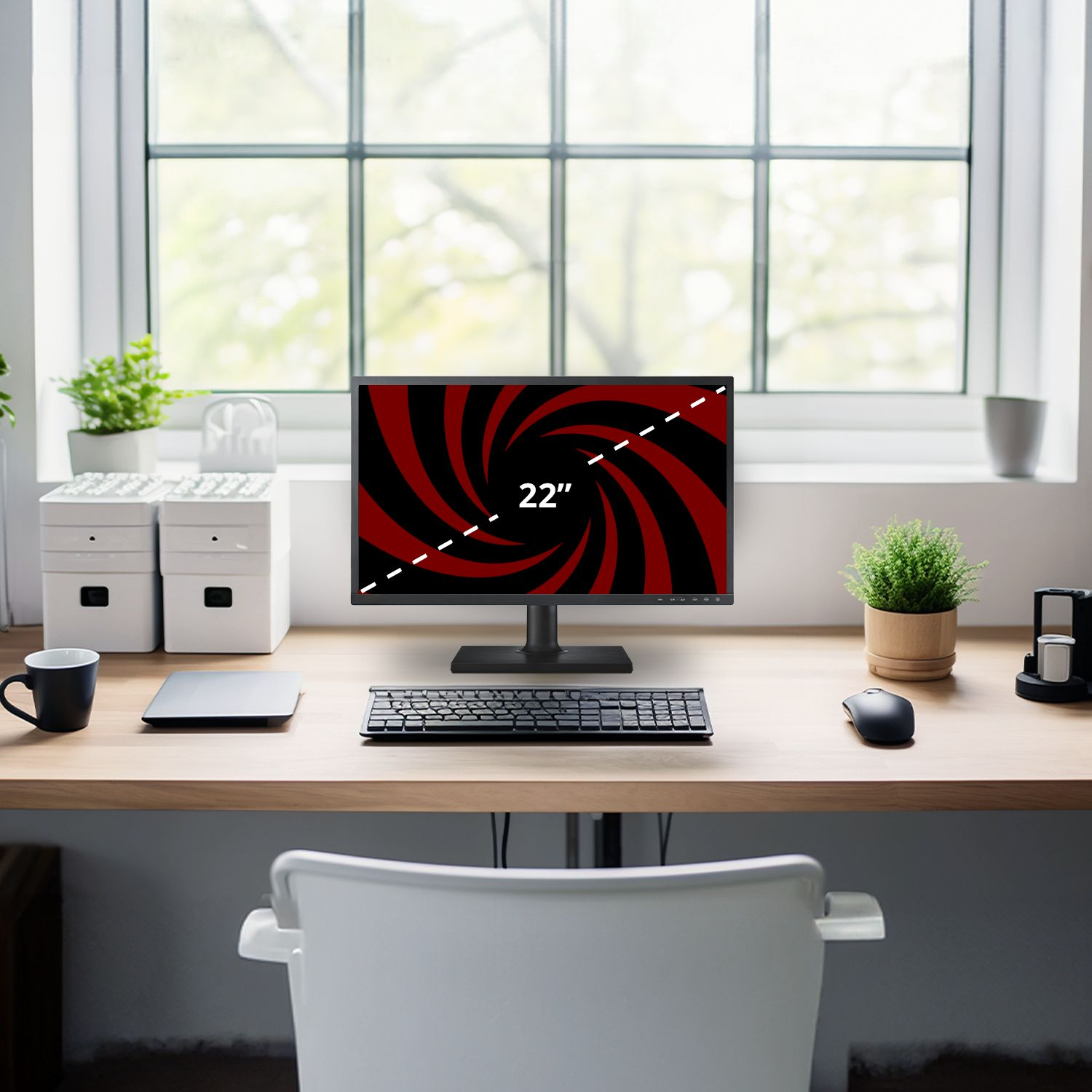 Un bureau avec un moniteur de 22" affichant des tourbillons rouges et noirs. Clavier, souris et tasse sont visibles. Une fenêtre en arrière-plan.