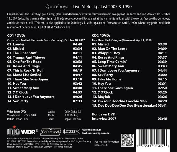 CD-Cover für ein Quireboys-Konzert. Text listet Songs, Daten und Veranstaltungsorte auf. Bandname und Logo.