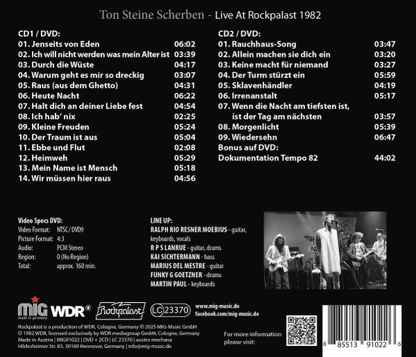 CD-Cover mit Bandinfo, Titelliste und Konzertdetails. Schwarzer Hintergrund mit weißem Text und Bandfoto.