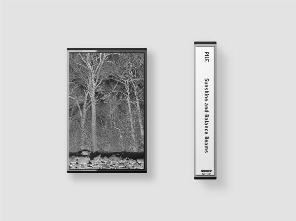 Kassette mit Waldbild und Text: Pile, Sunshine and Balance Beams. Grauer Hintergrund.