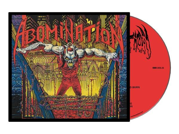 Albumcover mit einer Monsterfigur vor einer Stadt. Rote CD rechts. Titel ist Abomination.
