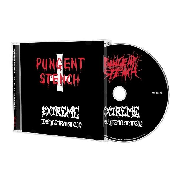 Schwarze CD-Hülle mit 'Pungent Stench' und 'Extreme Deformity' in Rot und Weiß. Daneben eine CD, ebenfalls mit dem Bandnamen.