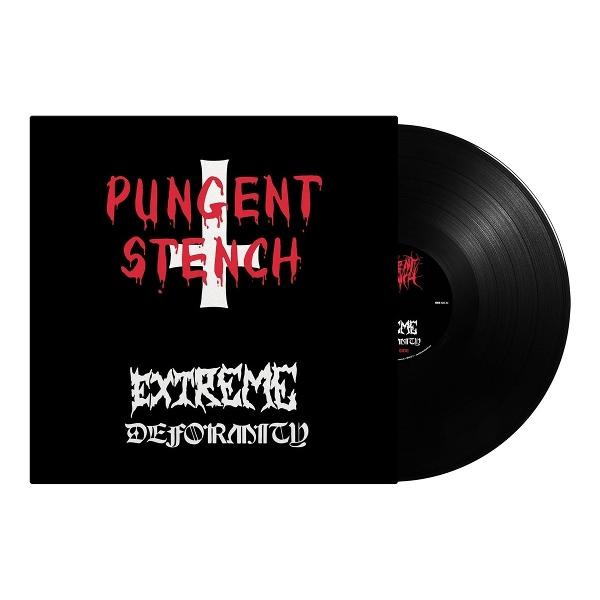 Albumcover mit den roten Worten "Pungent Stench" und einem weißen Kreuz. Eine schwarze Schallplatte ist sichtbar.