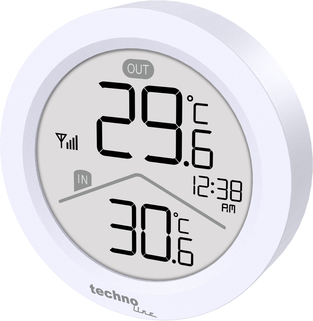 Weißes, rundes Digitalthermometer mit 29,6 °C außen und 30,6 °C innen. Die Uhrzeit ist 12:38 Uhr. Markenname: techno line.
