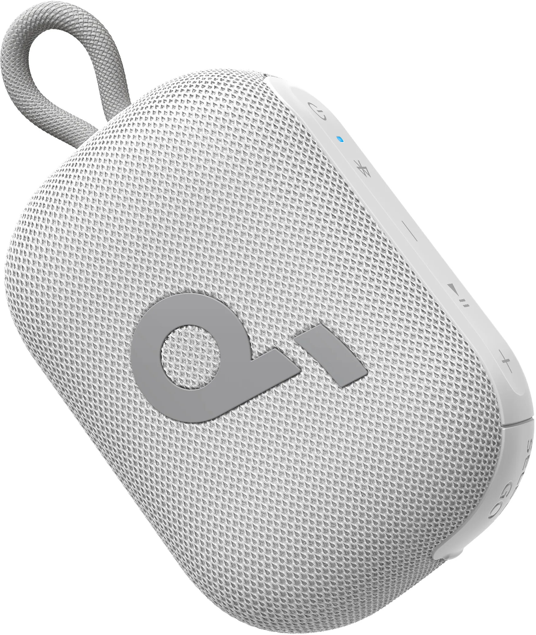 Biały głośnik przenośny z szarym logo. Posiada uchwyt pętelkowy i przyciski sterowania. Głośnik znajduje się na białym tle.