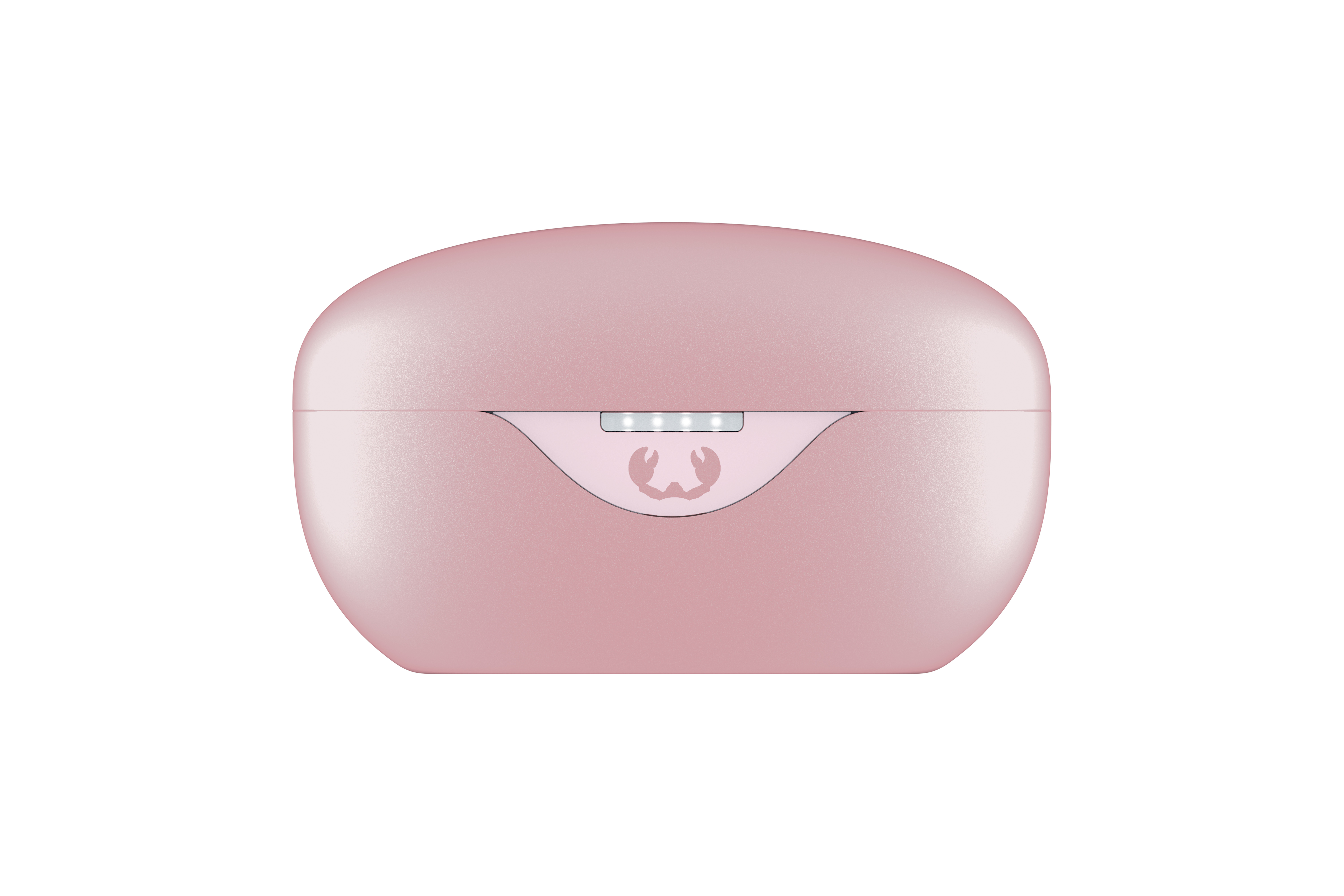 Pembe bir kulaklık şarj kutusu, oval şeklinde, logo ve ışıklarla. Arka plan beyaz.