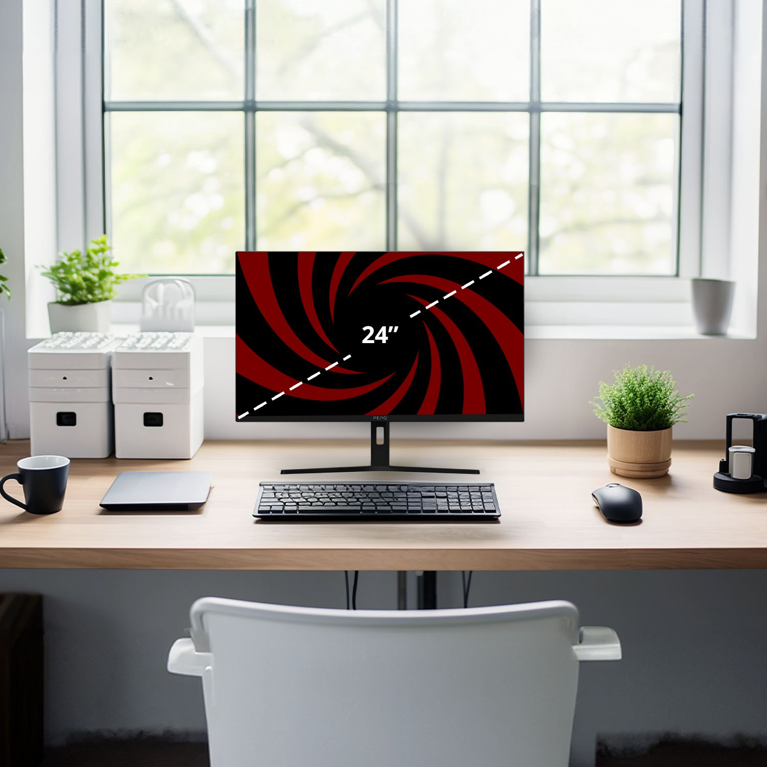 Een 24" monitor met een rood en zwart wervelontwerp staat op een houten bureau. Een toetsenbord, muis en planten zijn ook zichtbaar.
