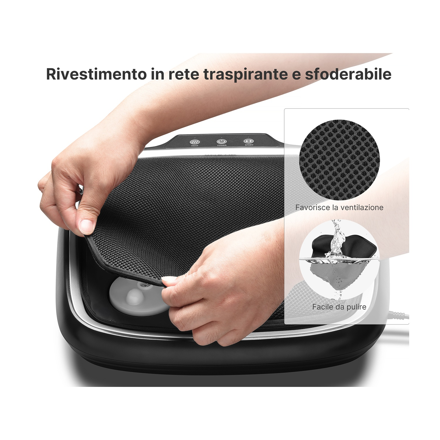 Mani sollevano una copertura a rete nera da un dispositivo bianco e nero. Il diagramma mostra ventilazione e facilità di pulizia.