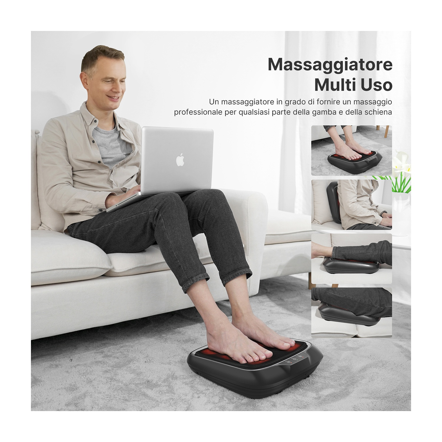 Uomo seduto su divano con laptop. Piedi su massaggiatore plantare. Dettagli prodotto e altre immagini a destra.