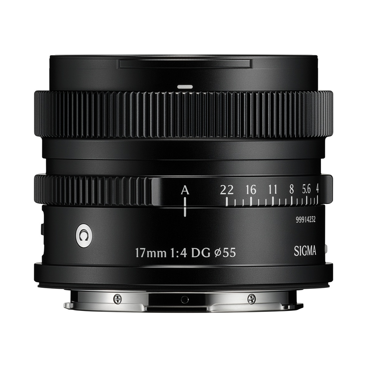 Obiettivo per fotocamera Sigma 17mm nero. Ha impostazioni di messa a fuoco e testo come '17mm 1:4 DG ø55' e il logo Sigma.