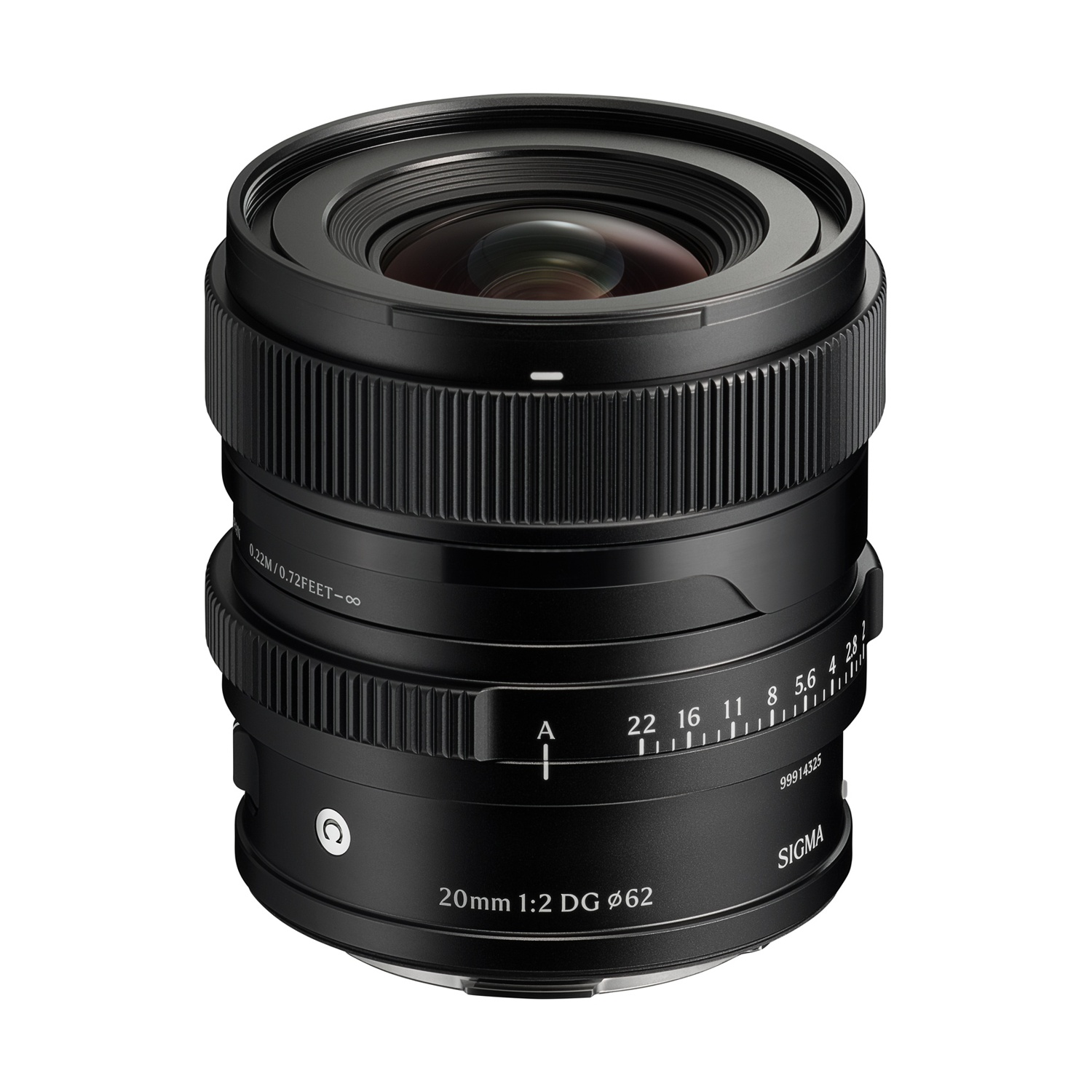 Obiettivo Sigma 20mm 1:2 DG nero. Ha anelli di messa a fuoco zigrinati, indicatori di apertura e un diametro dell'obiettivo di 62mm. L'obiettivo è su sfondo bianco.