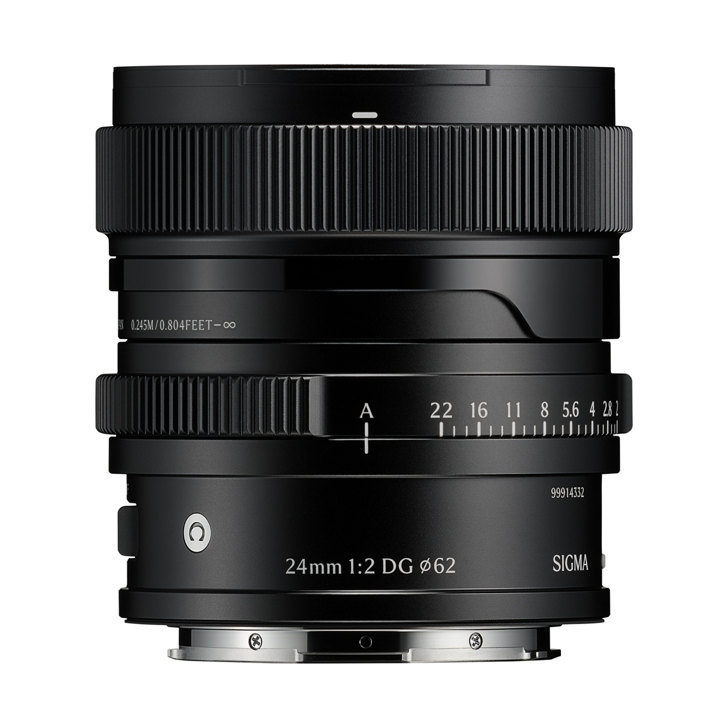 Un obiettivo Sigma 24mm f/2 DG nero. Presenta vari contrassegni, tra cui impostazioni di apertura e il logo Sigma.