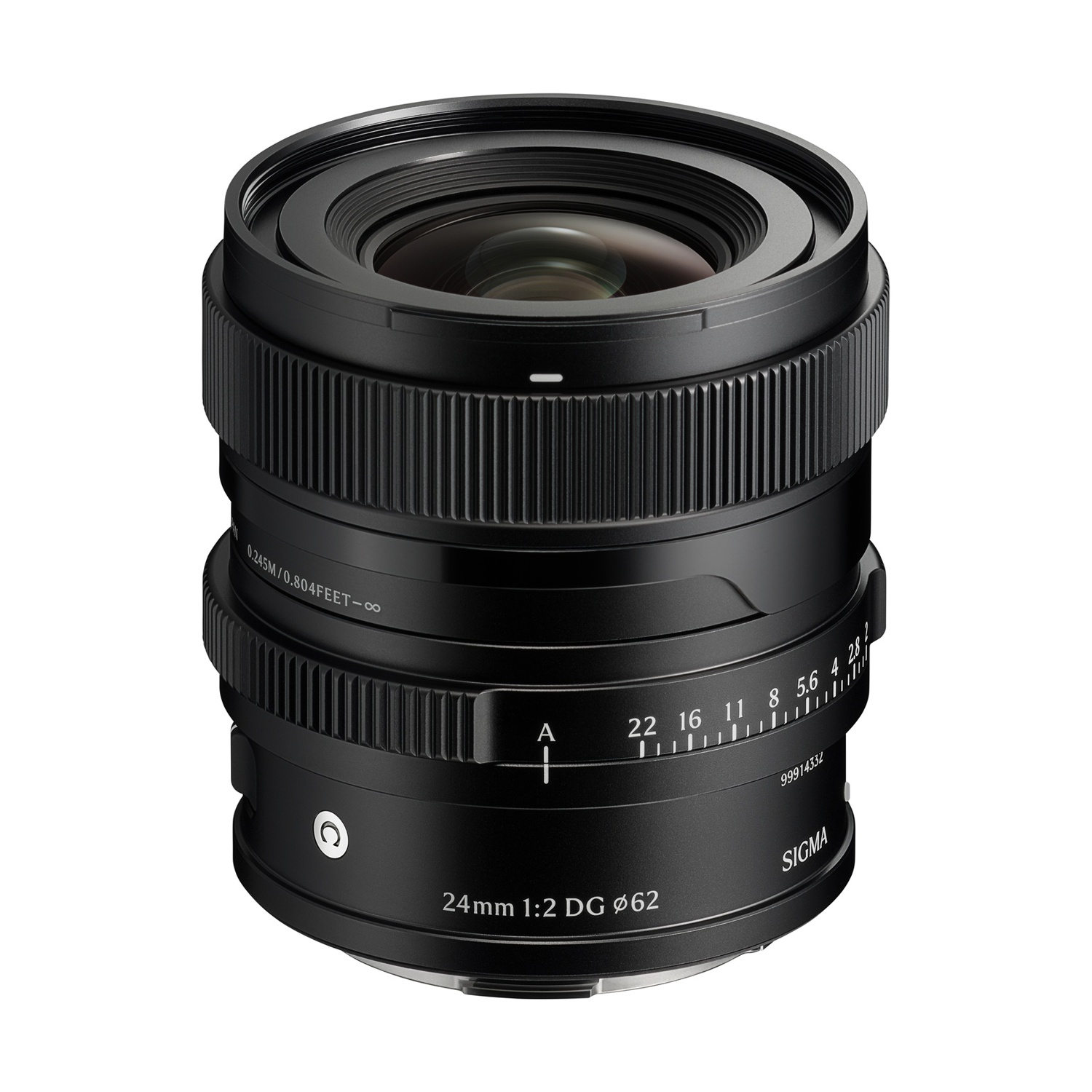 Un obiettivo Sigma 24mm f/2 DG nero. Ha ghiere di messa a fuoco e apertura, con segni. L'obiettivo è su sfondo bianco.