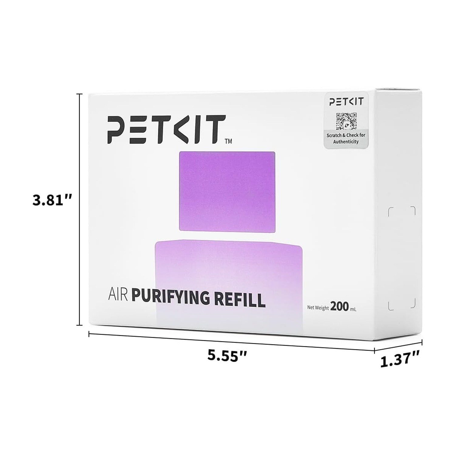 Scatola PETKIT bianca con testo e forme viola. C'è scritto 'AIR PURIFYING REFILL' e ha dimensioni etichettate.