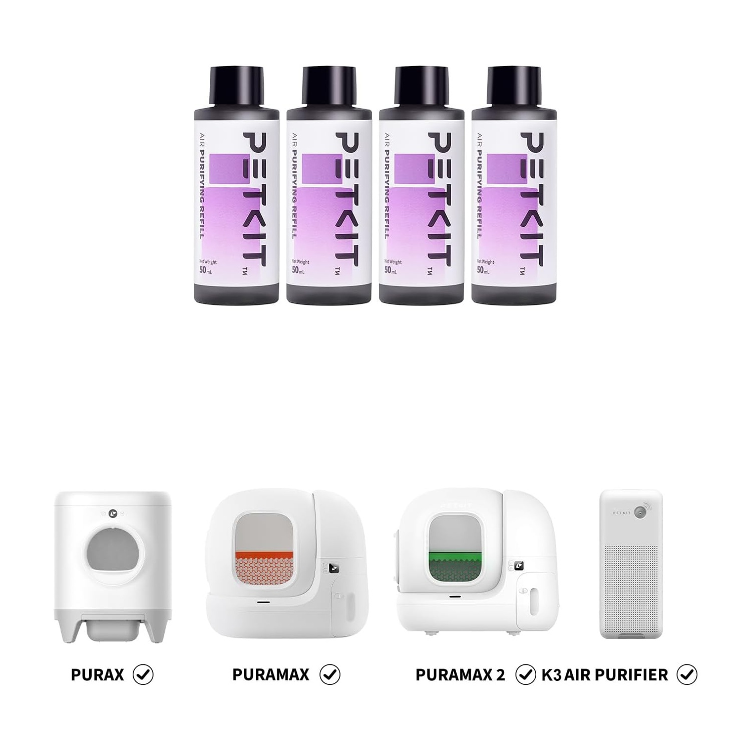 L'immagine mostra quattro flaconi di ricarica per purificatore d'aria PETKIT e quattro dispositivi per animali domestici: Purax, Puramax, Puramax 2 e K3 Air Purifier.