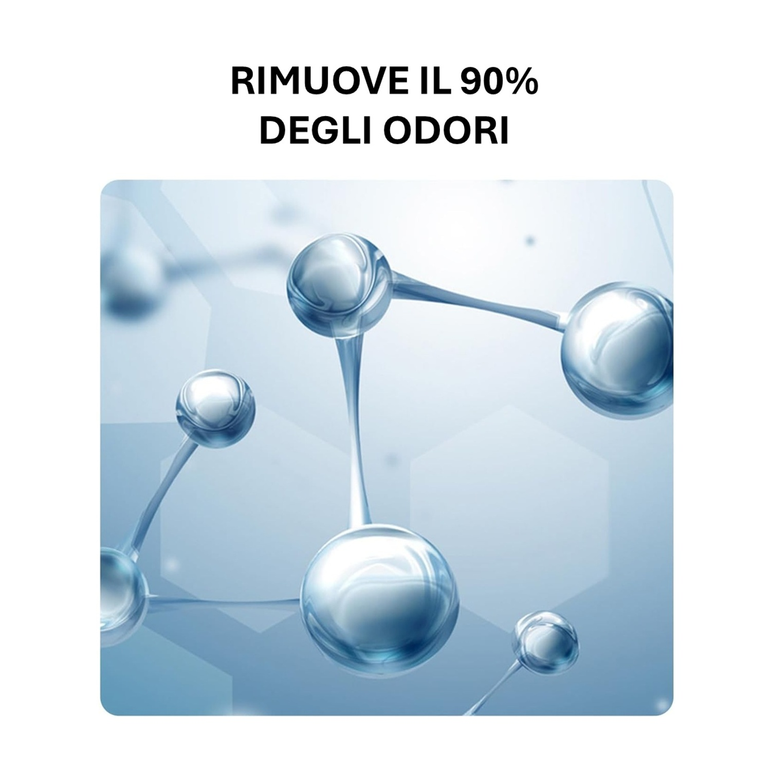 Immagine astratta: Struttura molecolare con sfere collegate da linee, su sfondo azzurro. Testo: Rimuove il 90% degli odori.