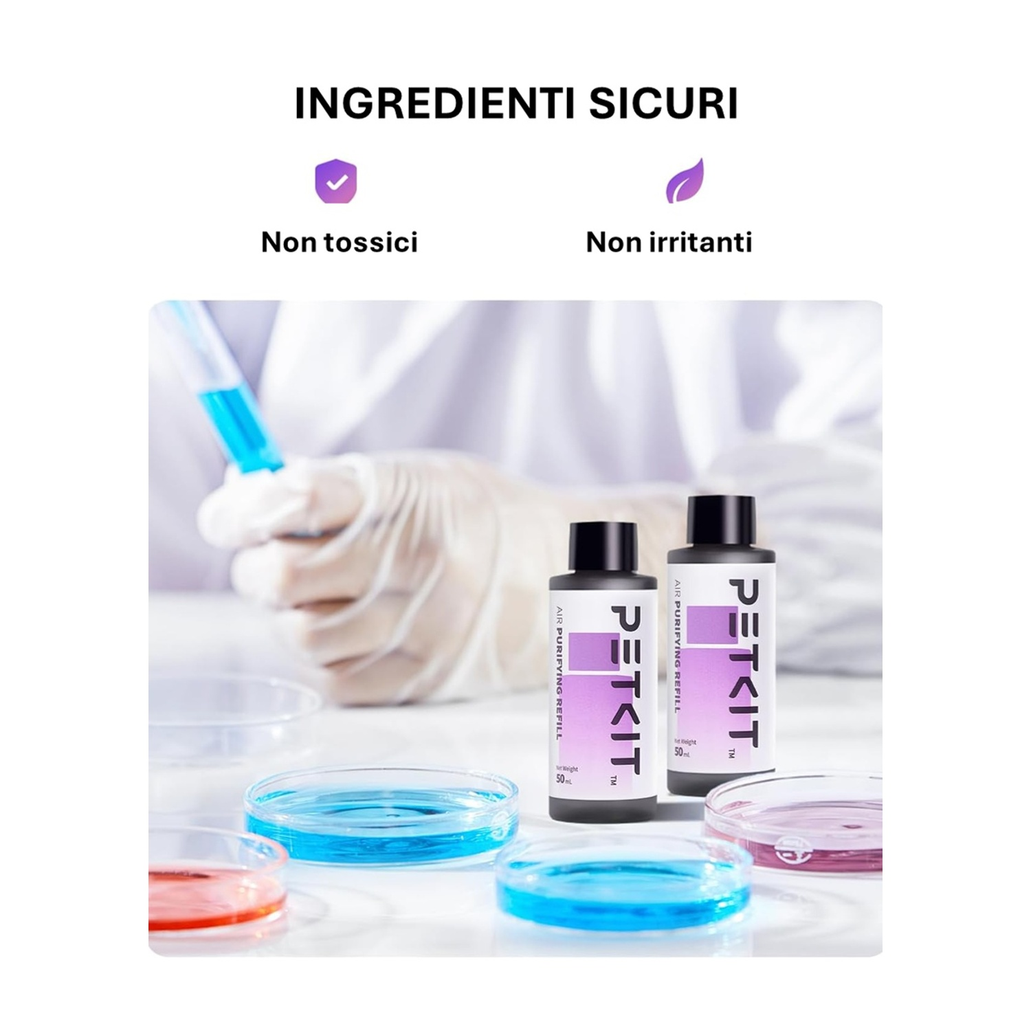 Una scena di laboratorio con piastre di Petri contenenti liquidi colorati, due bottiglie nere con l'etichetta 'PETKIT' e una mano guantata che tiene una pipetta.