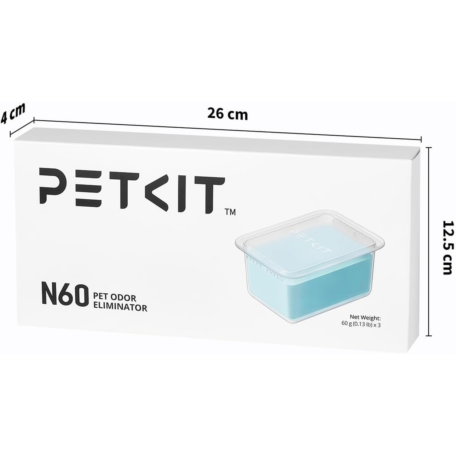 Scatola bianca con dimensioni etichettate. Ha il logo PETKIT e N60 PET ODOR ELIMINATOR. Un piccolo contenitore con contenuto blu è all'interno.