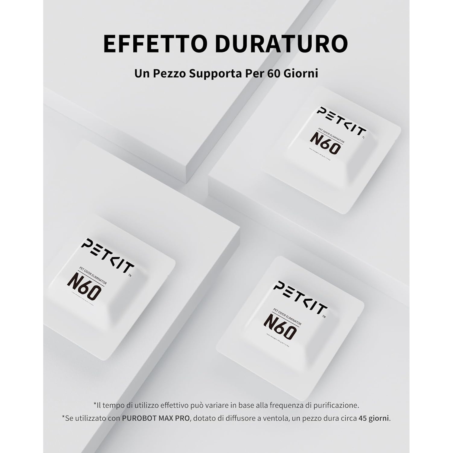 Tre eliminatori di odori PETKIT bianchi, etichettati N60, su superficie bianca. Testo: 'EFFETTO DURATURO' e 'Un Pezzo Supporta Per 60 Giorni'.