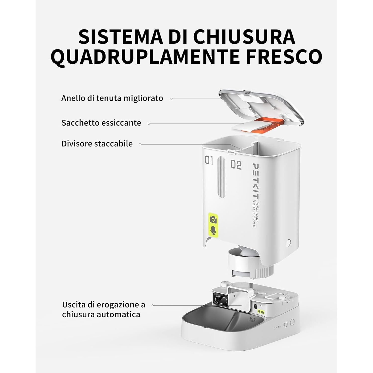 Diagramma di un distributore di cibo per animali domestici bianco con etichette in italiano. Include coperchio, contenitore e vassoio.