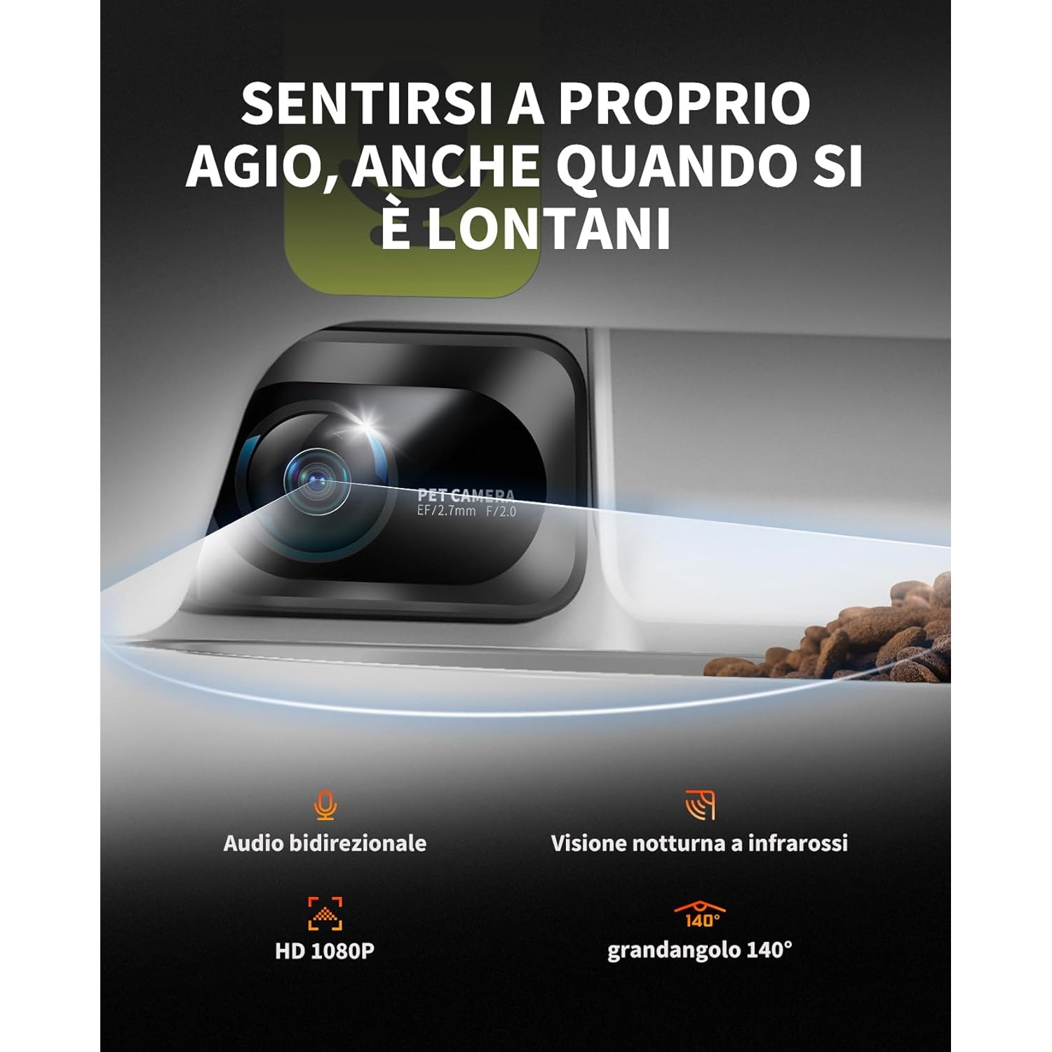 Una telecamera per animali domestici con testo in italiano. Include 1080p, audio bidirezionale e visione notturna a infrarossi. Grandangolo 140°.