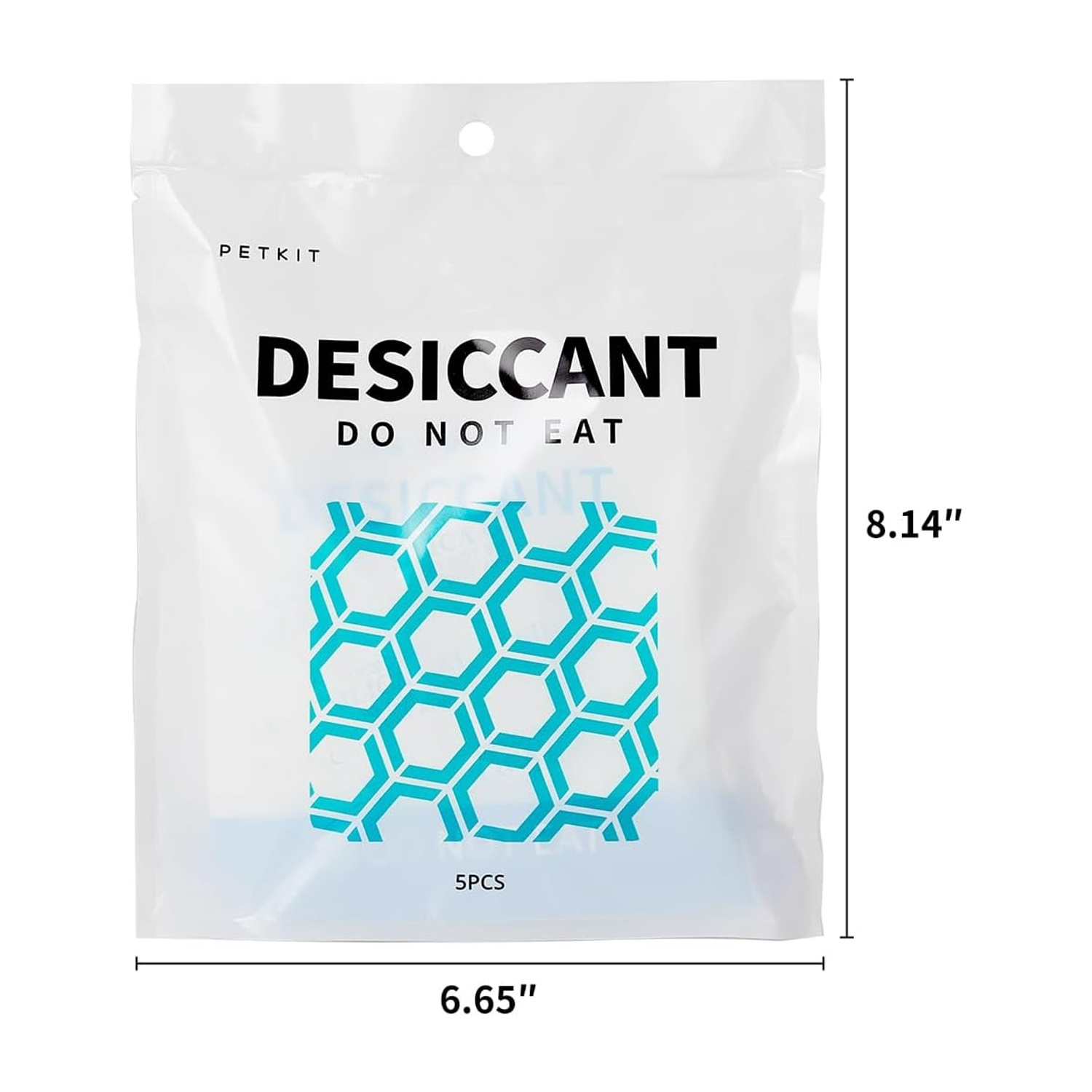 Busta essiccante PETKIT bianca con testo nero 'DESICCANT DO NOT EAT'. Motivo a nido d'ape turchese. Dimensioni: 8,14" x 6,65".