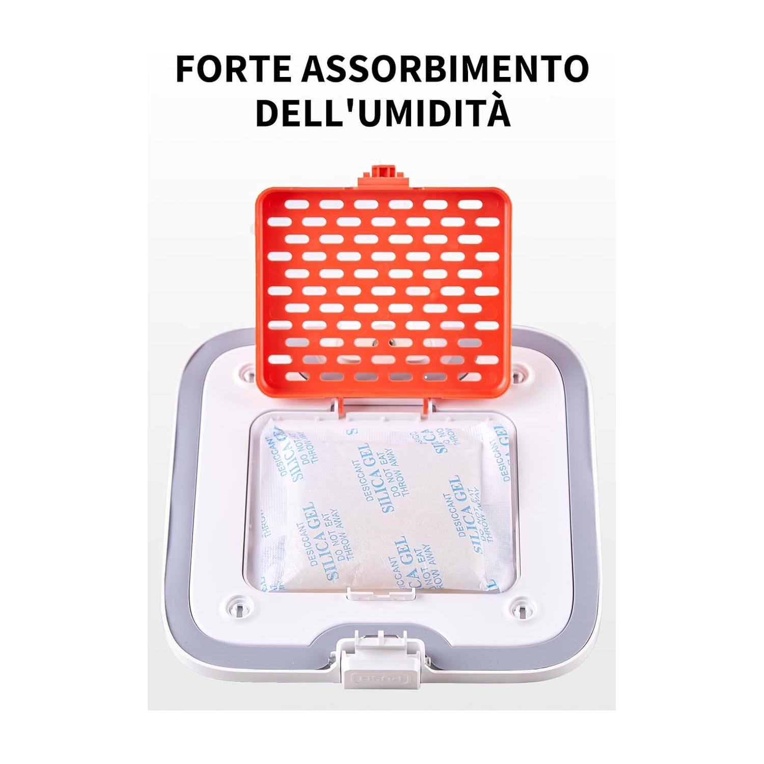 Un deumidificatore arancione aperto con bustine di gel di silice all'interno. Il testo in alto dice 'FORTE ASSORBIMENTO DELL'UMIDITÀ'.