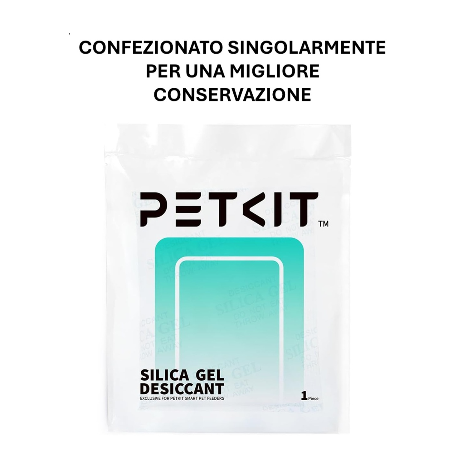 Una bustina bianca di gel di silice PETKIT. Il testo dice: Essiccante gel di silice. Per una migliore conservazione. Esclusivo per mangiatoie intelligenti. 1 pezzo.