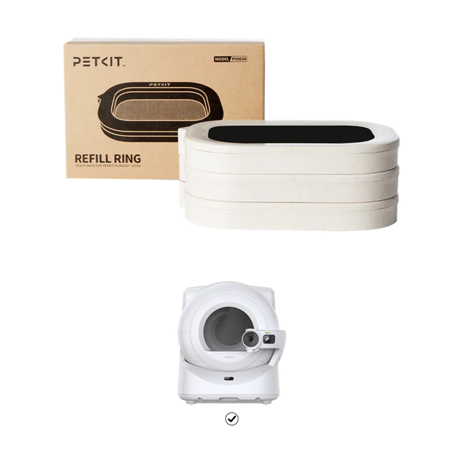 L'immagine mostra una lettiera PETKIT e un anello di ricarica, insieme a una lettiera autopulente. Tutto è bianco e beige, su sfondo bianco.