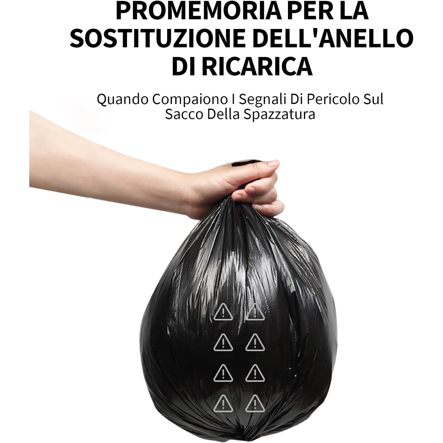 Una mano tiene un sacco nero con simboli di pericolo. Testo: 'Promemoria per la sostituzione dell'anello quando compaiono segnali di pericolo'.
