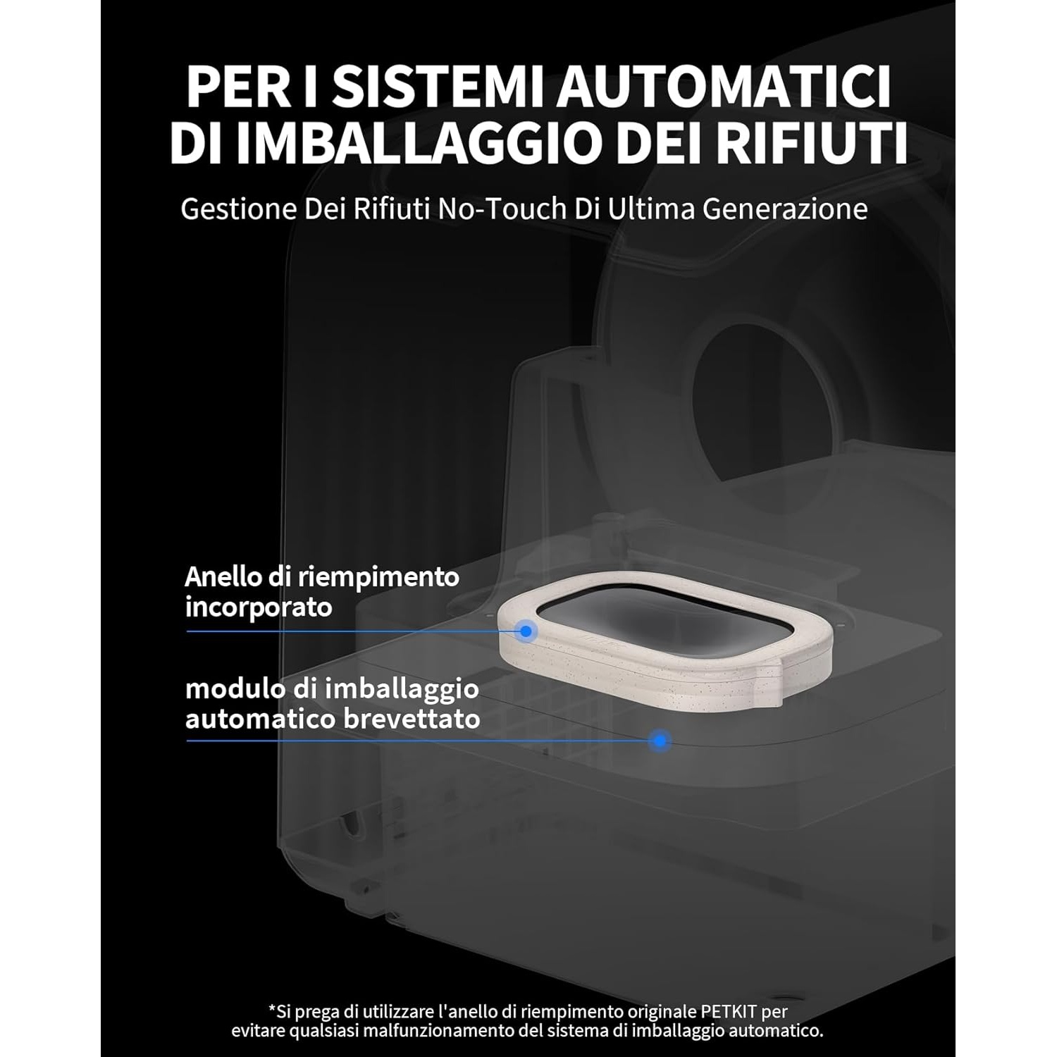 L'immagine mostra un sistema automatico di imballaggio dei rifiuti. Il testo evidenzia l'anello di riempimento e il modulo di imballaggio automatico brevettato.