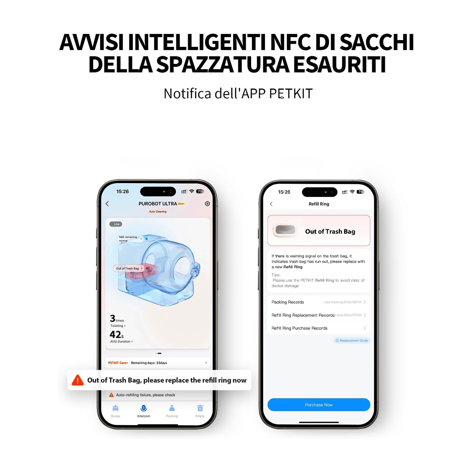 Due telefoni mostrano notifiche dell'app. Uno dice 'Out of Trash Bag'. L'altro mostra le istruzioni per la sostituzione.