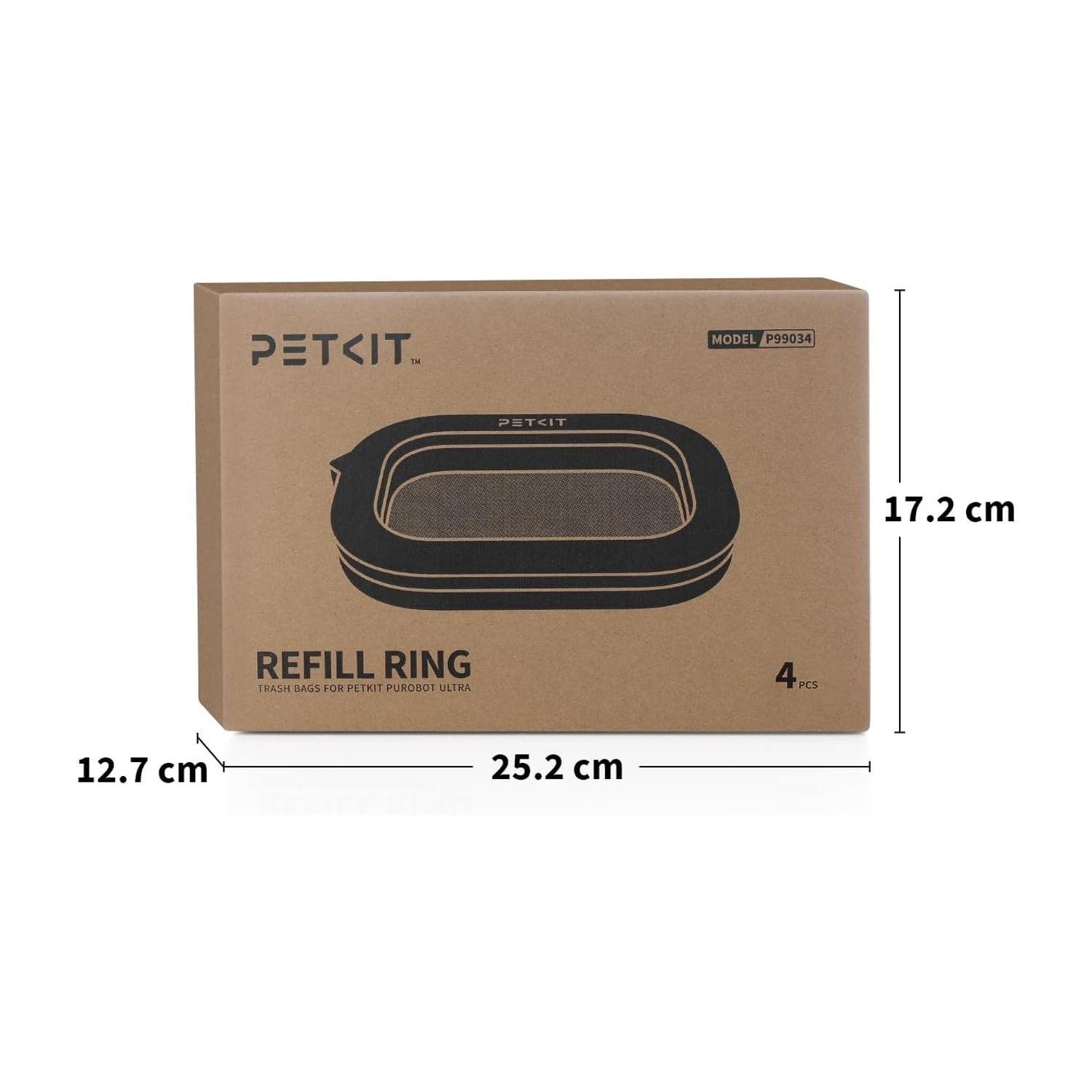 Scatola di cartone con etichetta PETKIT. Mostra un anello di ricarica per sacchi della spazzatura. Dimensioni: 25,2 cm x 17,2 cm x 12,7 cm. Contiene 4 pezzi.