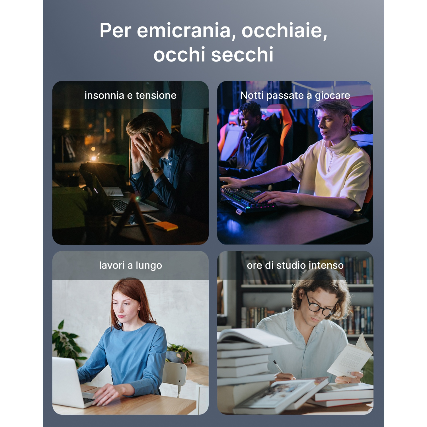 L'immagine mostra quattro scenari relativi all'affaticamento degli occhi. Persone che lavorano su laptop, giocano e studiano. Il testo parla di occhi secchi.