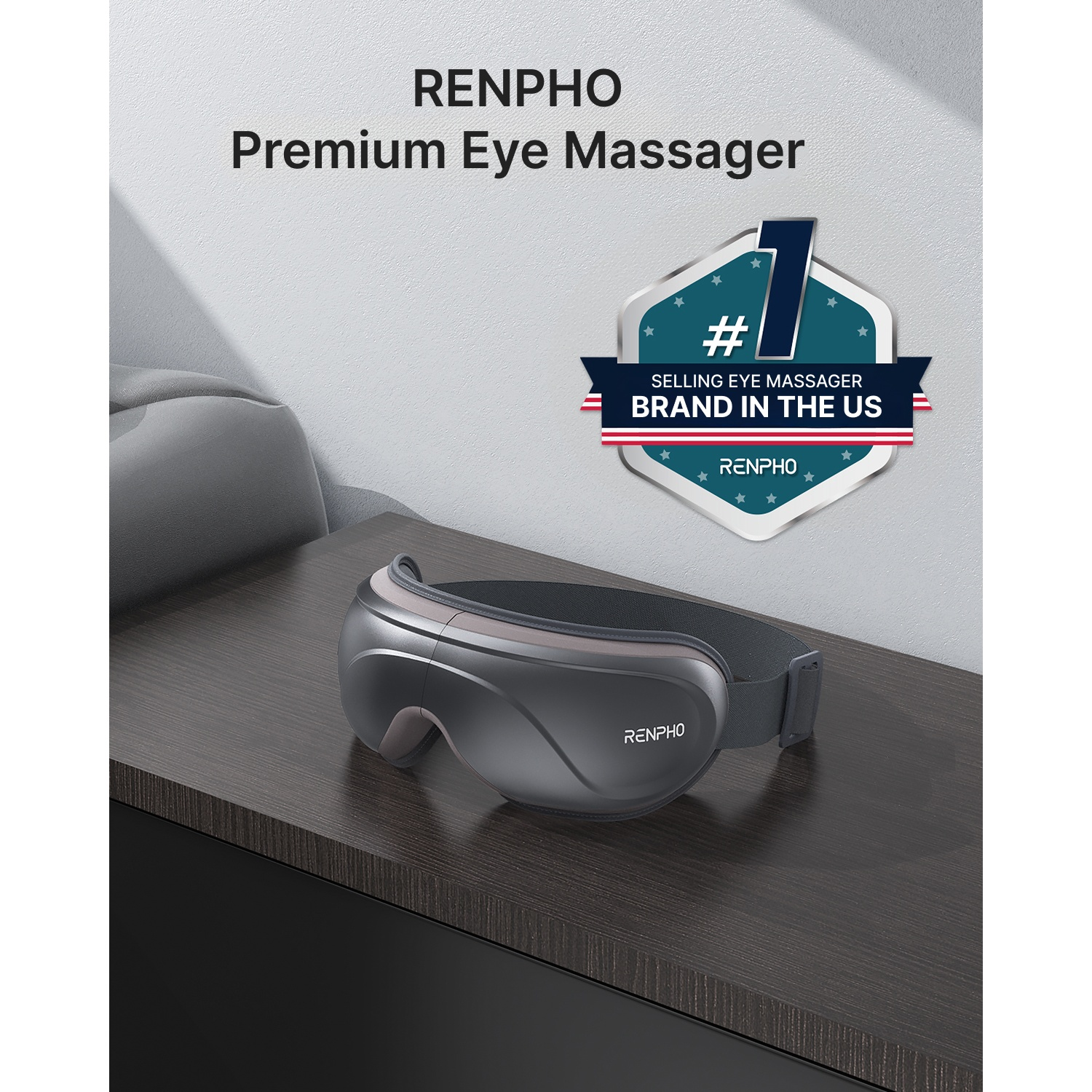 Viene visualizzato un massaggiatore per occhi con la scritta "RENPHO Premium Eye Massager". Ha un badge con la scritta "#1 Marchio di massaggiatori per occhi più venduto negli Stati Uniti".