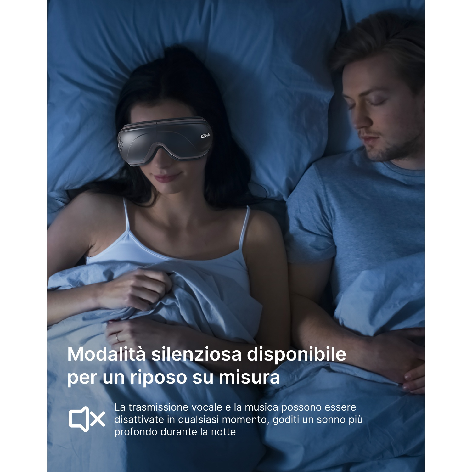 Una coppia dorme a letto. La donna indossa una maschera per dormire. Il testo indica una modalità silenziosa per un sonno più profondo.