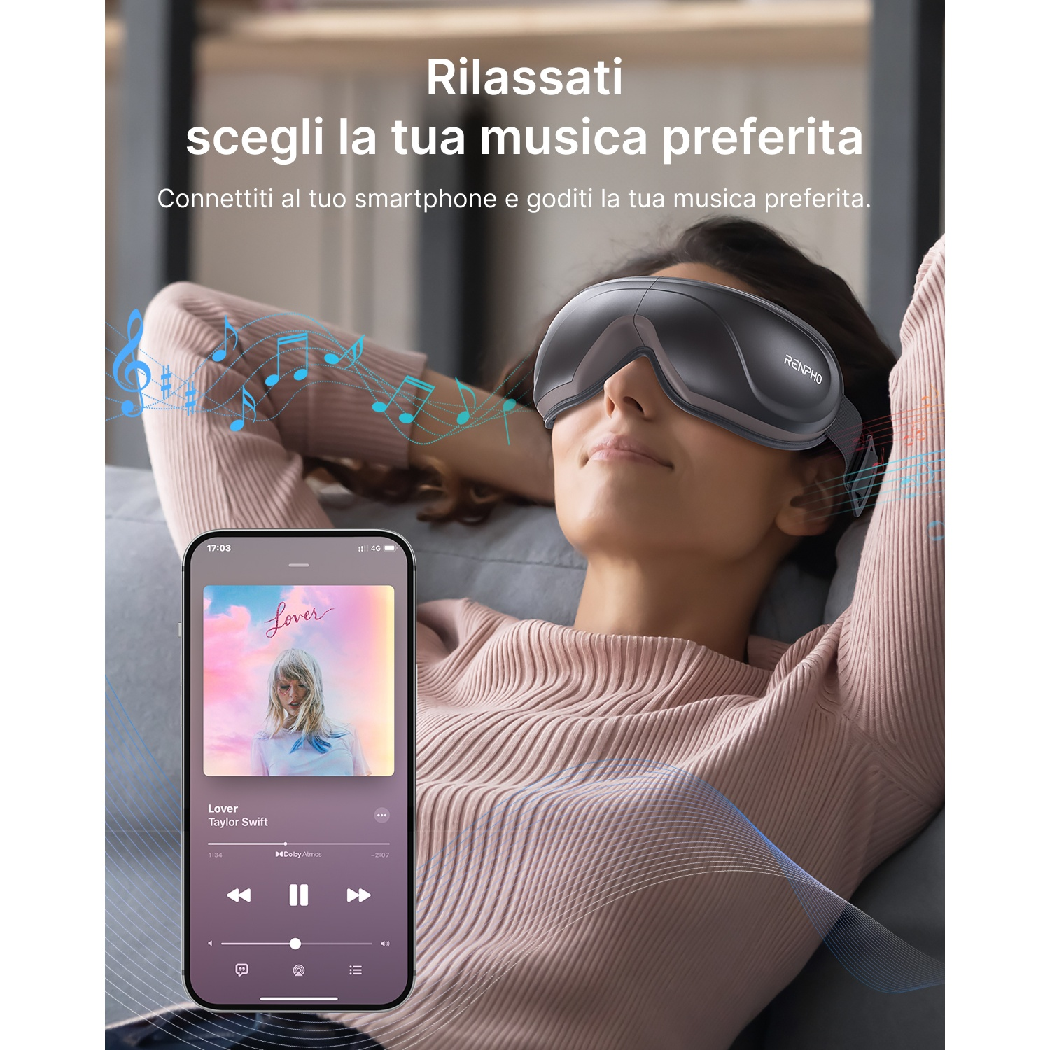 Una donna con una maschera per gli occhi ascolta musica sul suo telefono. Il telefono mostra la canzone "Lover".