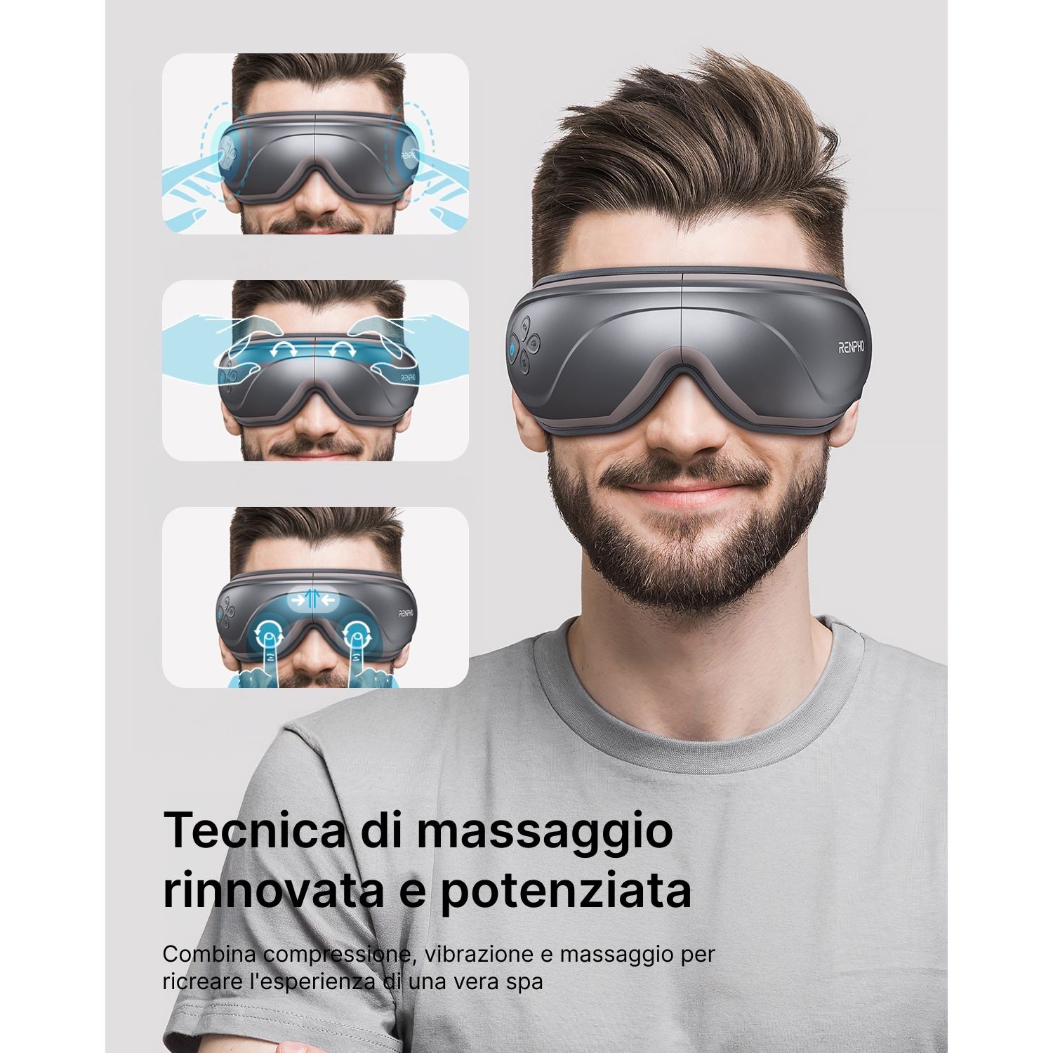 Un uomo con un massaggiatore oculare. Grafici mostrano tecniche di massaggio. Testo: 'Tecnica di massaggio rinnovata e potenziata'.