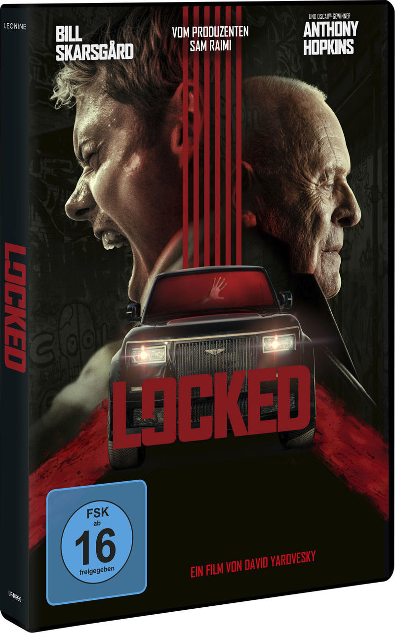 Filmplakat für "Locked" mit Bill Skarsgård und Anthony Hopkins. Ein schwarzes Auto mit Handabdruck, rotes Blut.
