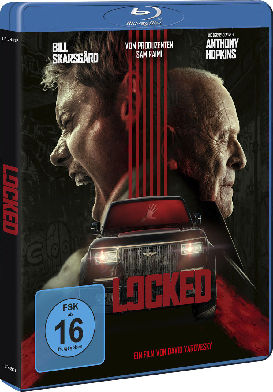 Filmcover, Gesichter zweier Männer, einer schreit. Ein Auto im Vordergrund. Titel: Locked, mit Bewertung '16'.